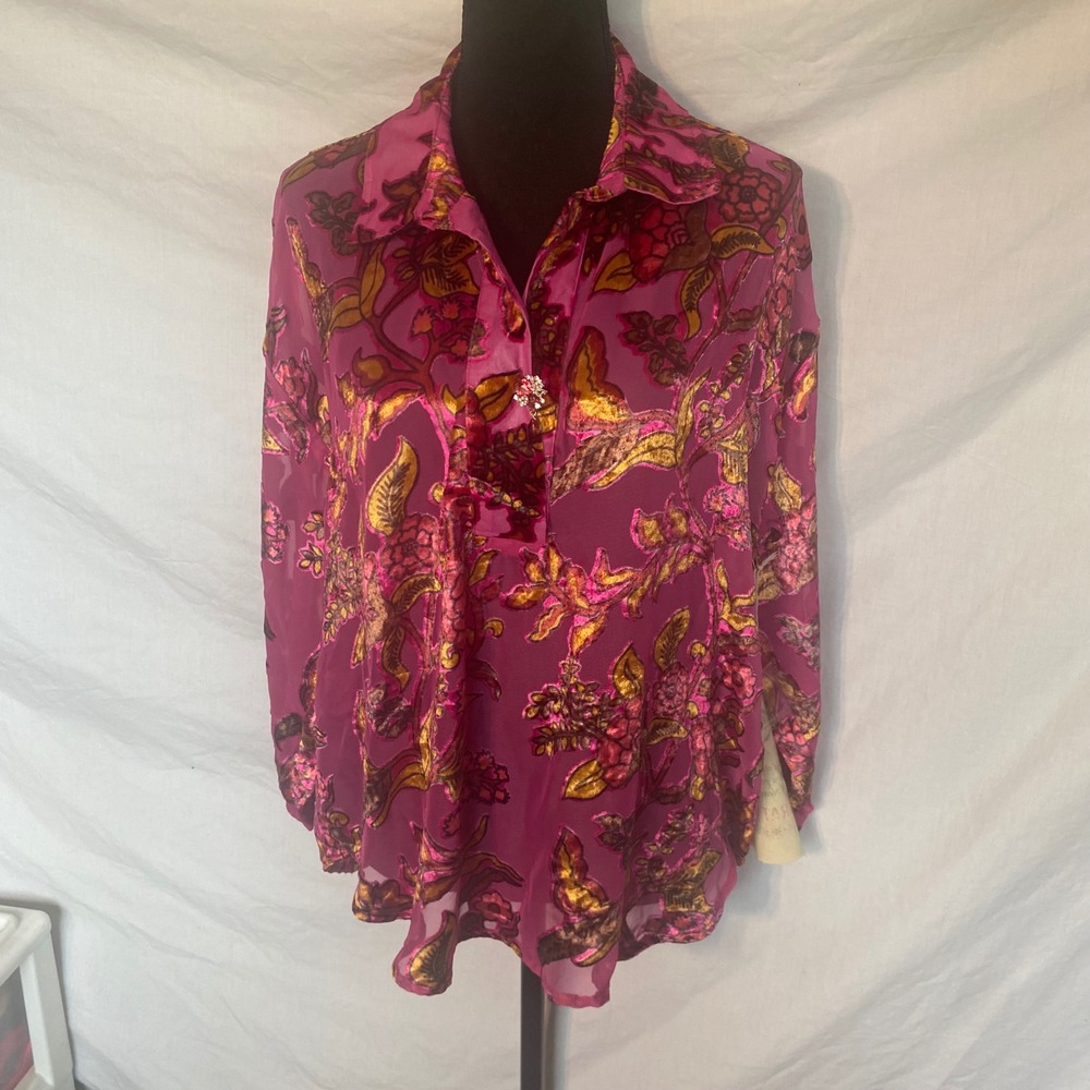 Aratta Silent Journey Fuchsia Pink Floral Burnout Velvet Devore Shirt Small NEW